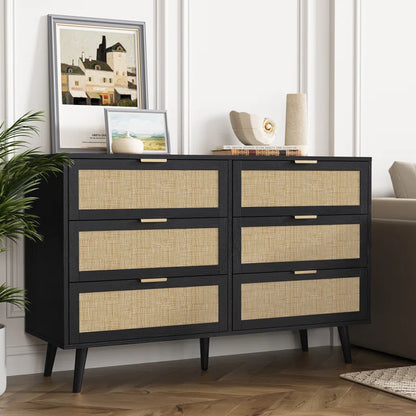 ADOUER WOOD 6 Drawers Solid Acacia Wood Rattan Cane Chest of Drawers, Natural