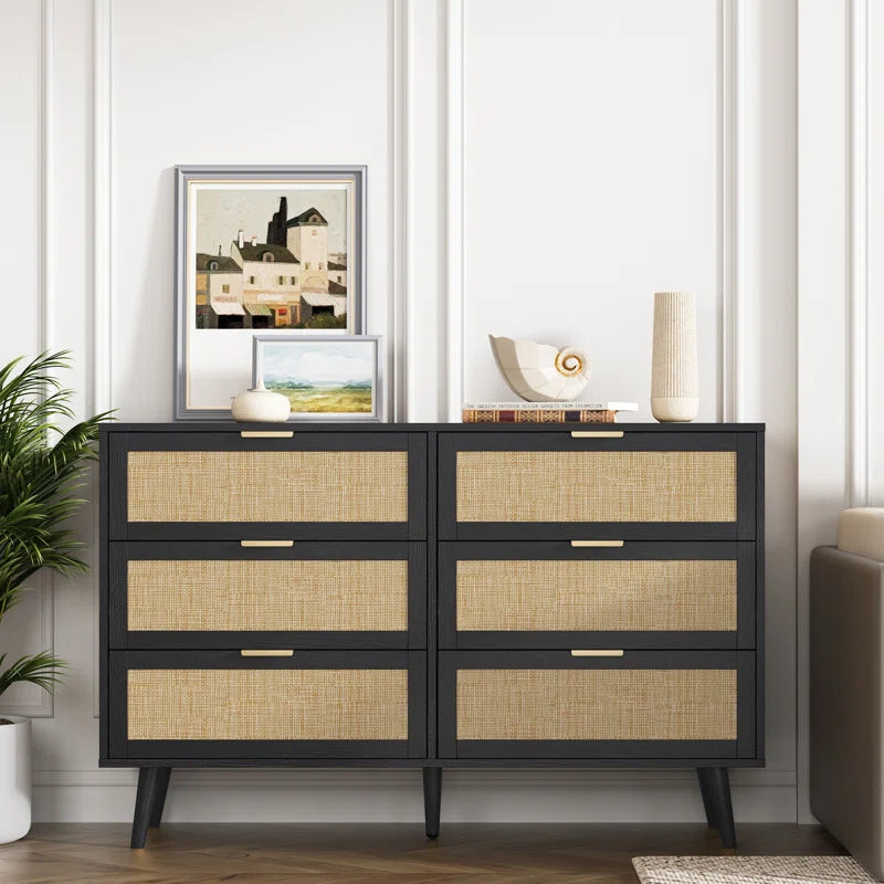 ADOUER WOOD 6 Drawers Solid Acacia Wood Rattan Cane Chest of Drawers, Natural