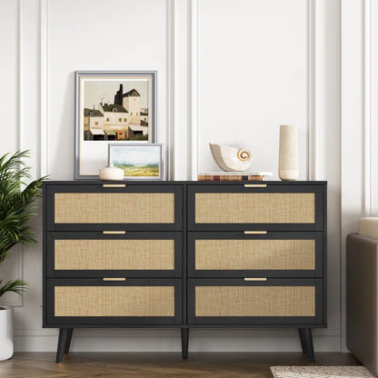 ADOUER WOOD 6 Drawers Solid Acacia Wood Rattan Cane Chest of Drawers, Natural