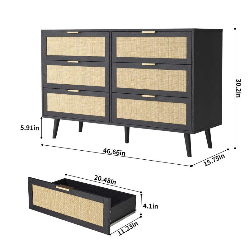 ADOUER WOOD 6 Drawers Solid Acacia Wood Rattan Cane Chest of Drawers, Natural