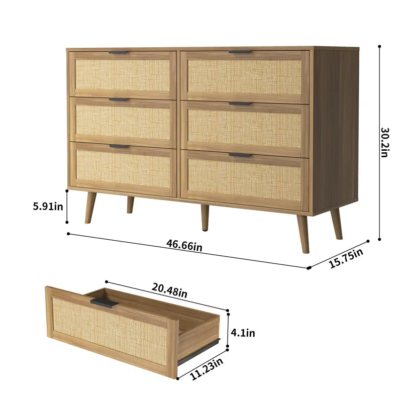 ADOUER WOOD 6 Drawers Solid Acacia Wood Rattan Cane Chest of Drawers, Natural