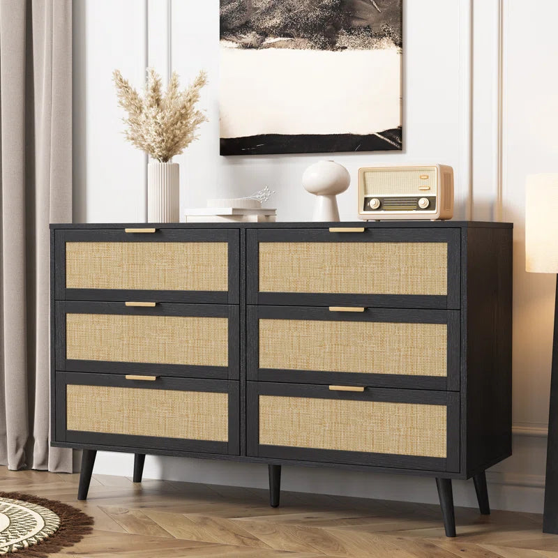 ADOUER WOOD 6 Drawers Solid Acacia Wood Rattan Cane Chest of Drawers, Natural