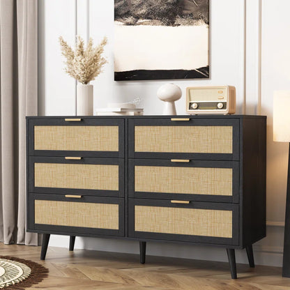 ADOUER WOOD 6 Drawers Solid Acacia Wood Rattan Cane Chest of Drawers, Natural