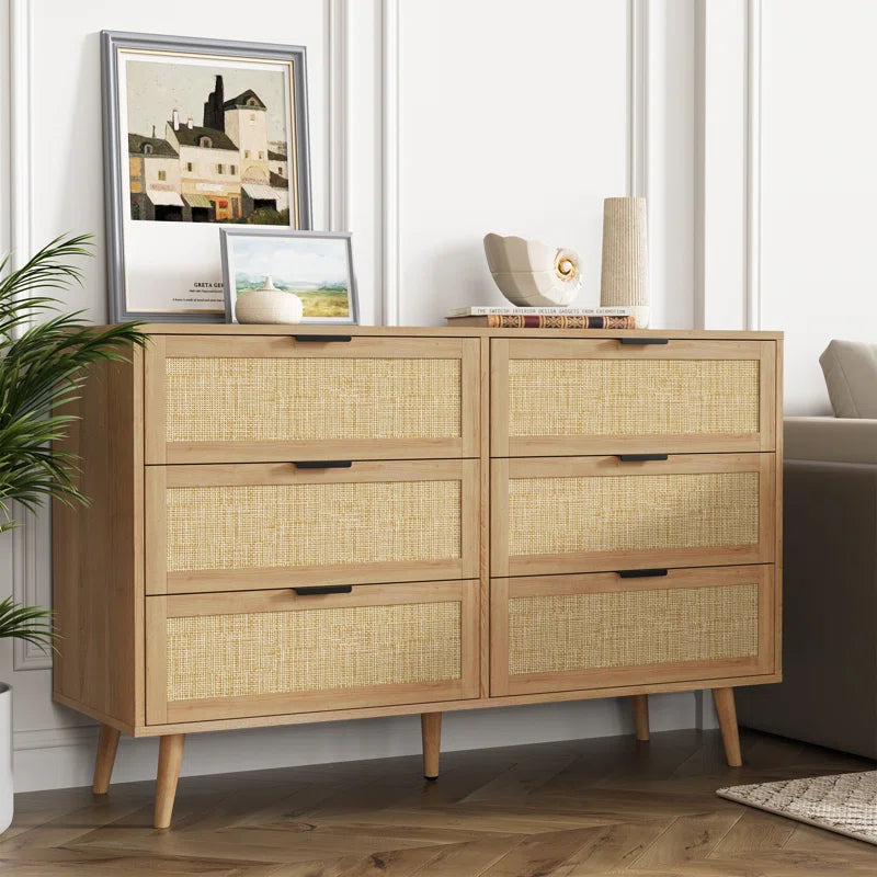 ADOUER WOOD 6 Drawers Solid Acacia Wood Rattan Cane Chest of Drawers, Natural