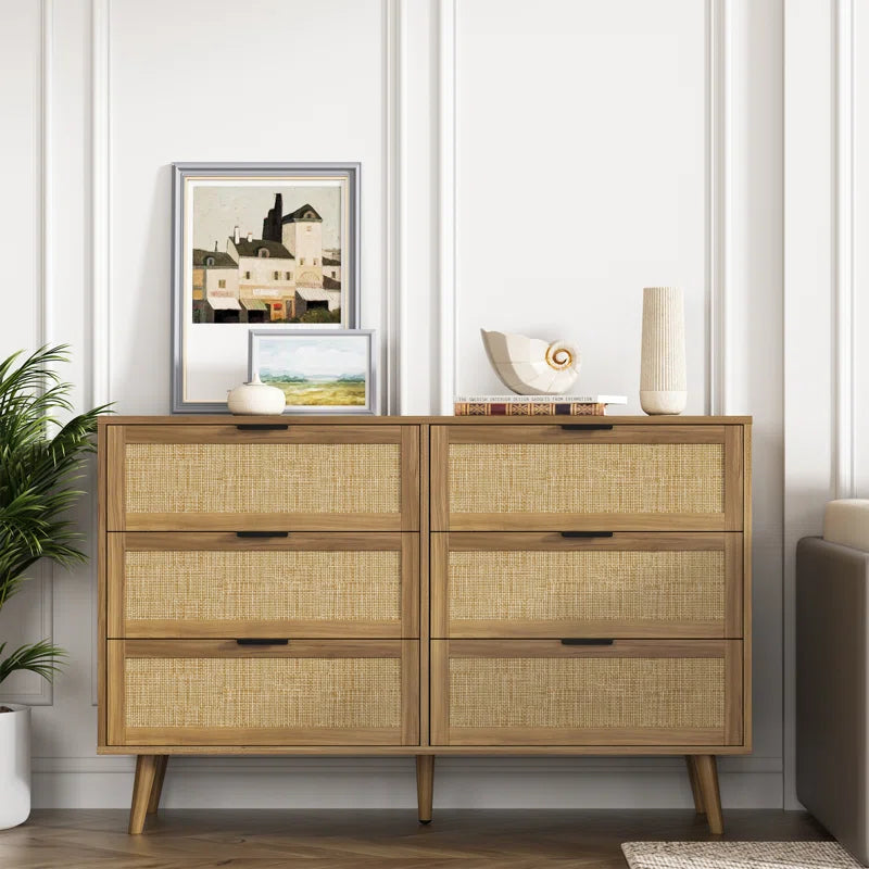 ADOUER WOOD 6 Drawers Solid Acacia Wood Rattan Cane Chest of Drawers, Natural