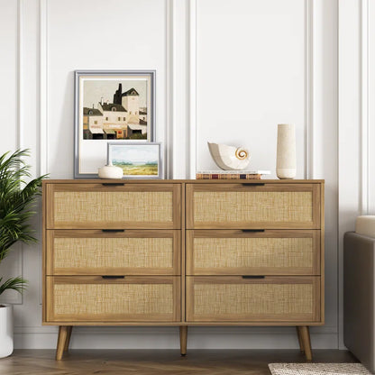 ADOUER WOOD 6 Drawers Solid Acacia Wood Rattan Cane Chest of Drawers, Natural