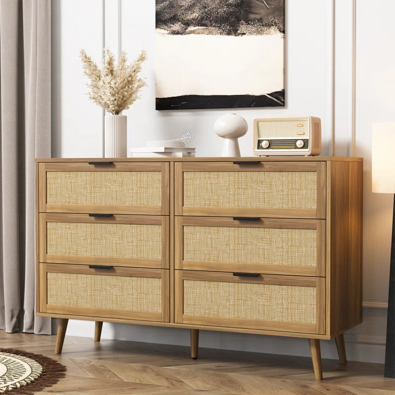 ADOUER WOOD 6 Drawers Solid Acacia Wood Rattan Cane Chest of Drawers, Natural