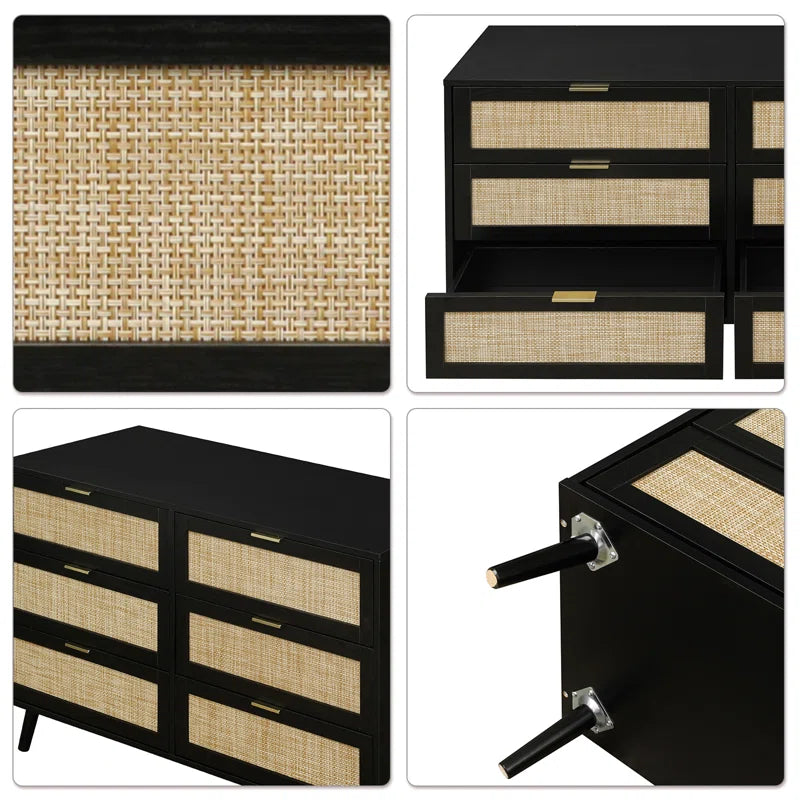 ADOUER WOOD 6 Drawers Solid Acacia Wood Rattan Cane Chest of Drawers, Natural