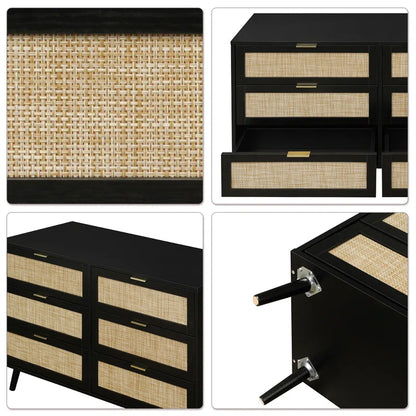 ADOUER WOOD 6 Drawers Solid Acacia Wood Rattan Cane Chest of Drawers, Natural