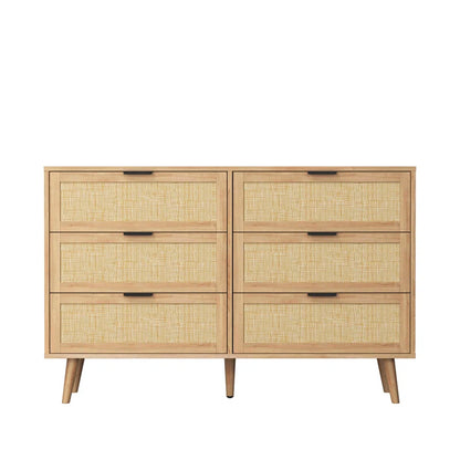 ADOUER WOOD 6 Drawers Solid Acacia Wood Rattan Cane Chest of Drawers, Natural