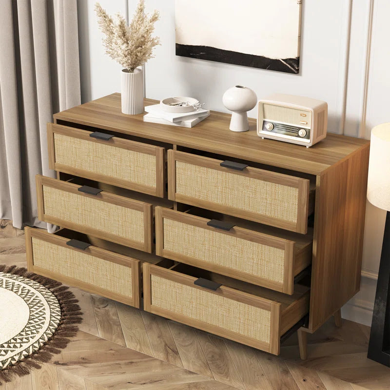 ADOUER WOOD 6 Drawers Solid Acacia Wood Rattan Cane Chest of Drawers, Natural