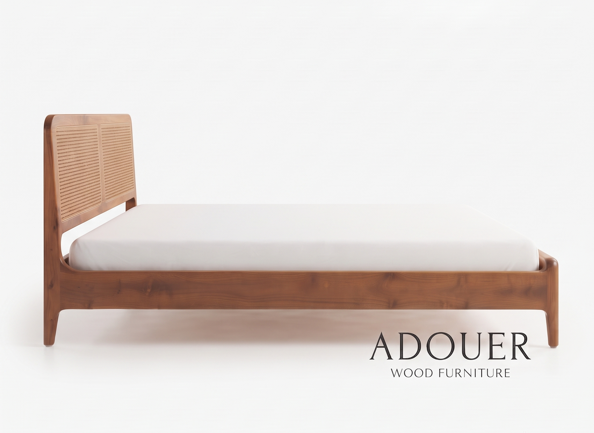 ADOUER WOOD Aurelia Solid Wood Platform Bed with Cane Headboard