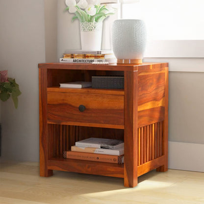 Sheesham Wood Bedside Table with 1 Premium Metal Channeled Drawer and 2 Shelf Storage for Living Room Bedroom