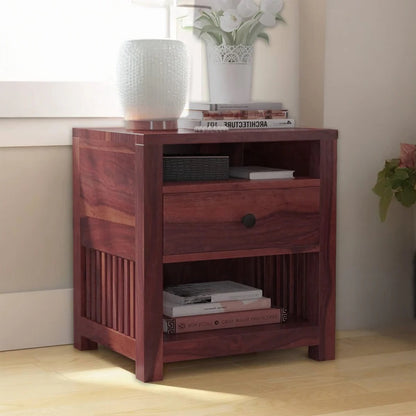 Sheesham Wood Bedside Table with 1 Premium Metal Channeled Drawer and 2 Shelf Storage for Living Room Bedroom