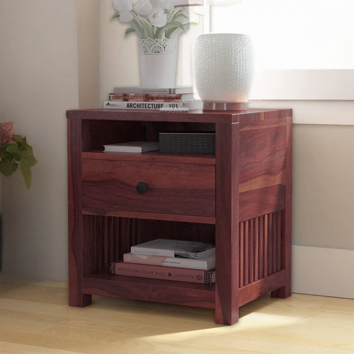 Sheesham Wood Bedside Table with 1 Premium Metal Channeled Drawer and 2 Shelf Storage for Living Room Bedroom