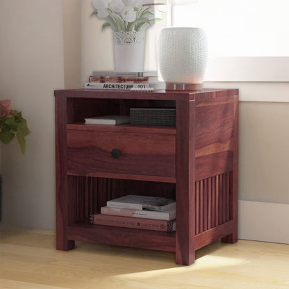 Sheesham Wood Bedside Table with 1 Premium Metal Channeled Drawer and 2 Shelf Storage for Living Room Bedroom