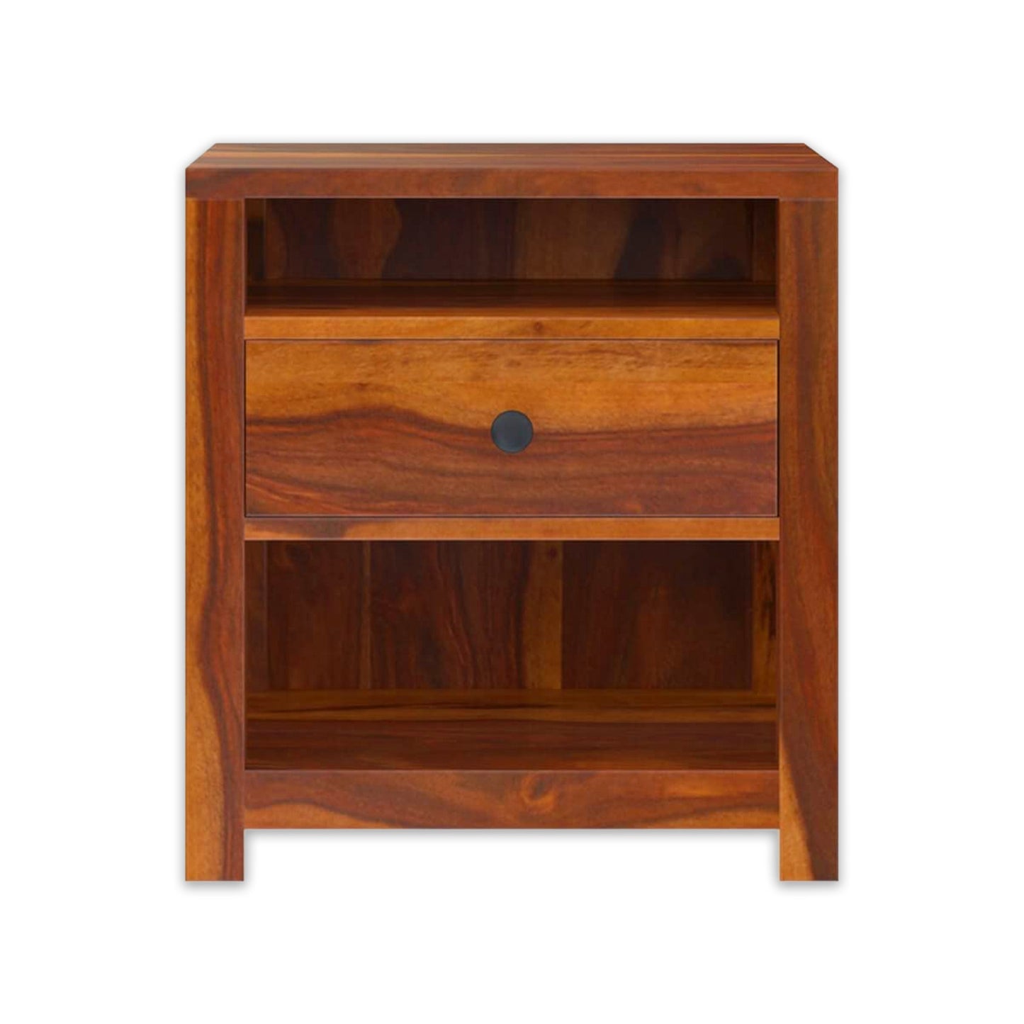Sheesham Wood Bedside Table with 1 Premium Metal Channeled Drawer and 2 Shelf Storage for Living Room Bedroom