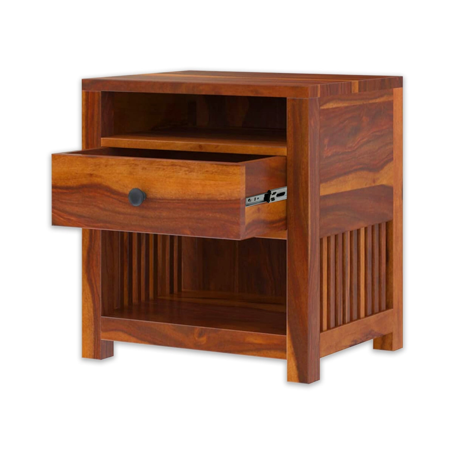 Sheesham Wood Bedside Table with 1 Premium Metal Channeled Drawer and 2 Shelf Storage for Living Room Bedroom