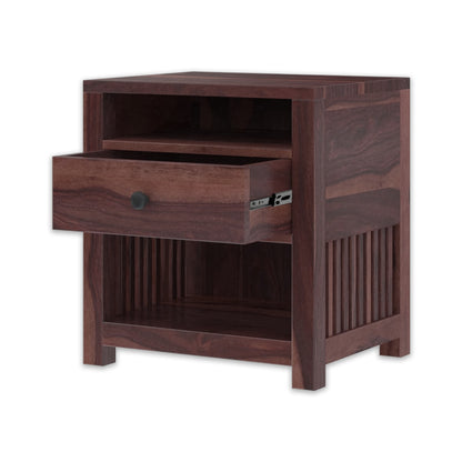 Sheesham Wood Bedside Table with 1 Premium Metal Channeled Drawer and 2 Shelf Storage for Living Room Bedroom