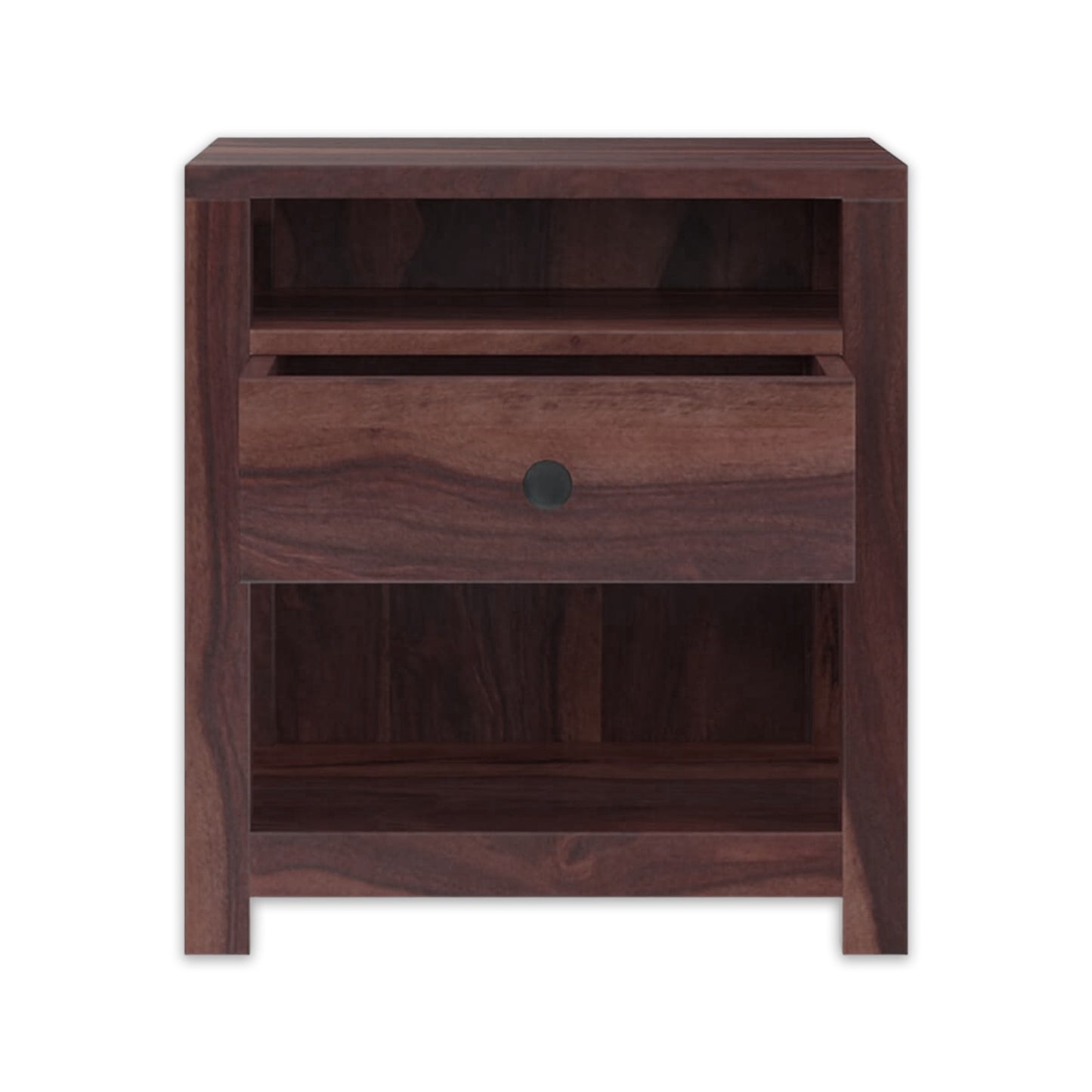 Sheesham Wood Bedside Table with 1 Premium Metal Channeled Drawer and 2 Shelf Storage for Living Room Bedroom