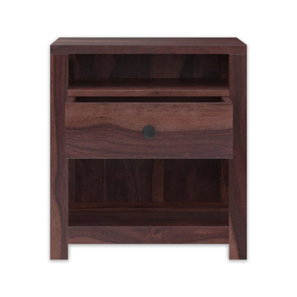 Sheesham Wood Bedside Table with 1 Premium Metal Channeled Drawer and 2 Shelf Storage for Living Room Bedroom