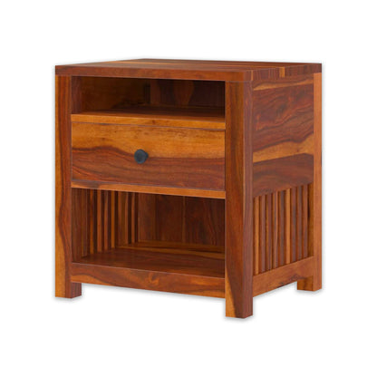 Sheesham Wood Bedside Table with 1 Premium Metal Channeled Drawer and 2 Shelf Storage for Living Room Bedroom