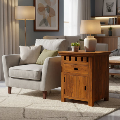 Sheesham Bedroom Side End Table with 1 Premium Metal Channeled Drawer and Door Storage for Living Room