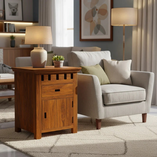 Sheesham Bedroom Side End Table with 1 Premium Metal Channeled Drawer and Door Storage for Living Room