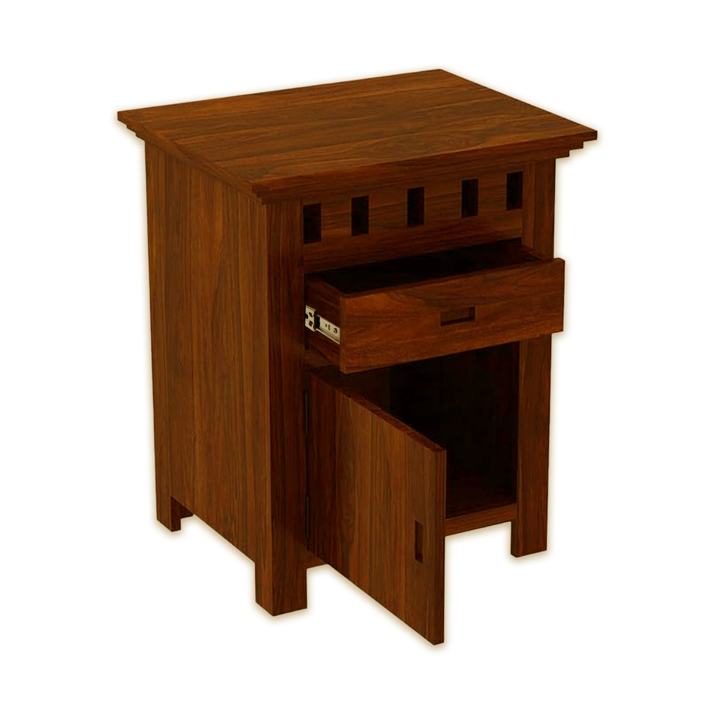 Sheesham Bedroom Side End Table with 1 Premium Metal Channeled Drawer and Door Storage for Living Room