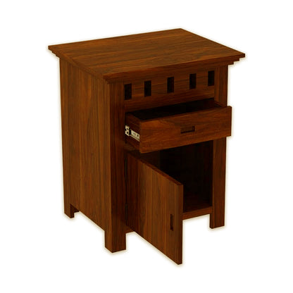 Sheesham Bedroom Side End Table with 1 Premium Metal Channeled Drawer and Door Storage for Living Room