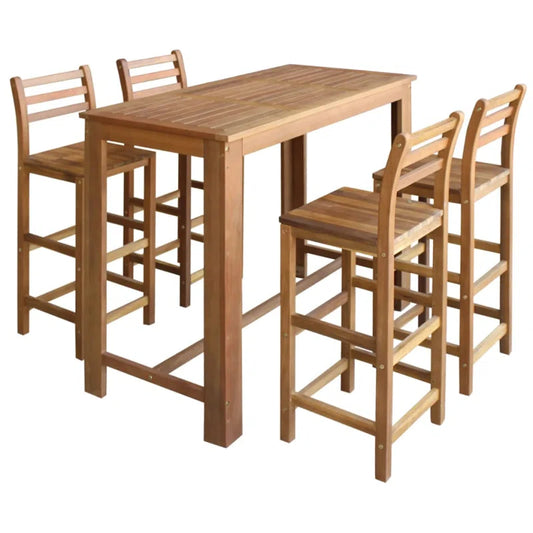 A 5-piece solid sheesham wood bar table set with high chairs, featuring a natural brown finish.