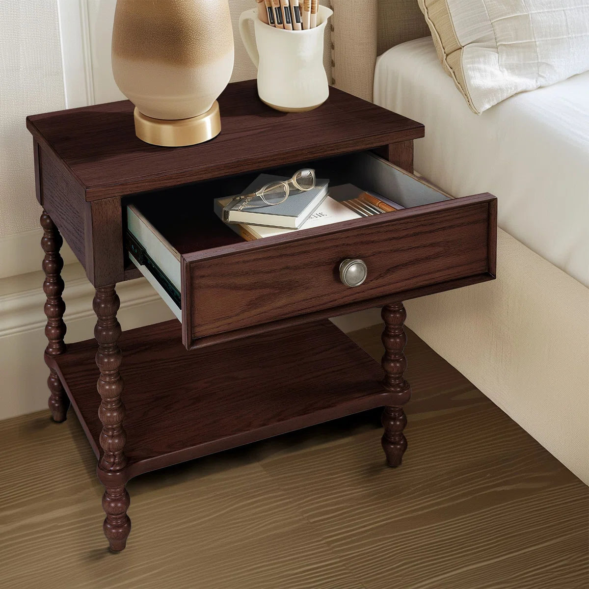 ADOUER WOOD Vintage-Inspired Spindle Leg Bedside Table with Drawer and Shelf