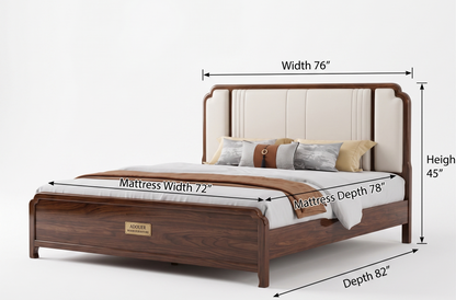 ADOUER WOOD Japandi Walnut Finish Wooden Bed Frame with Off-White Padded Headboard