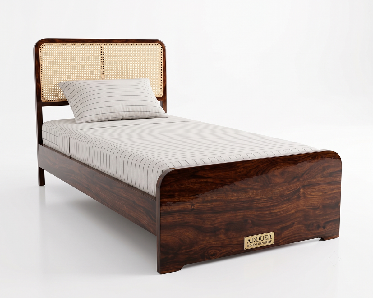 ADOUER WOOD Solid Wood Single Size Platform Bed Frame with Woven Rattan Webbing Headboard – Warm Walnut Finish