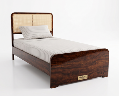 ADOUER WOOD Solid Wood Single Size Platform Bed Frame with Woven Rattan Webbing Headboard – Warm Walnut Finish