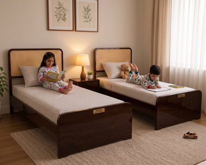 ADOUER WOOD Solid Wood Single Size Platform Bed Frame with Woven Rattan Webbing Headboard – Warm Walnut Finish