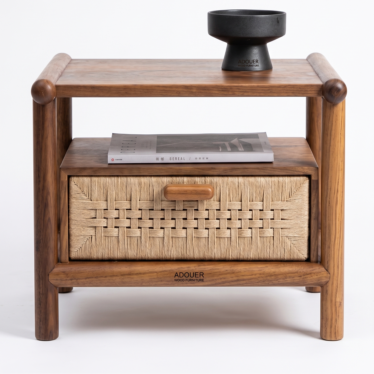 ADOUER WOOD Modern Japandi Wooden Bedside Table with Woven Paper Rope