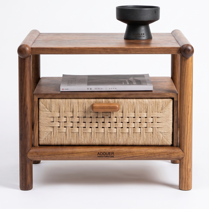 ADOUER WOOD Modern Japandi Wooden Bedside Table with Woven Paper Rope