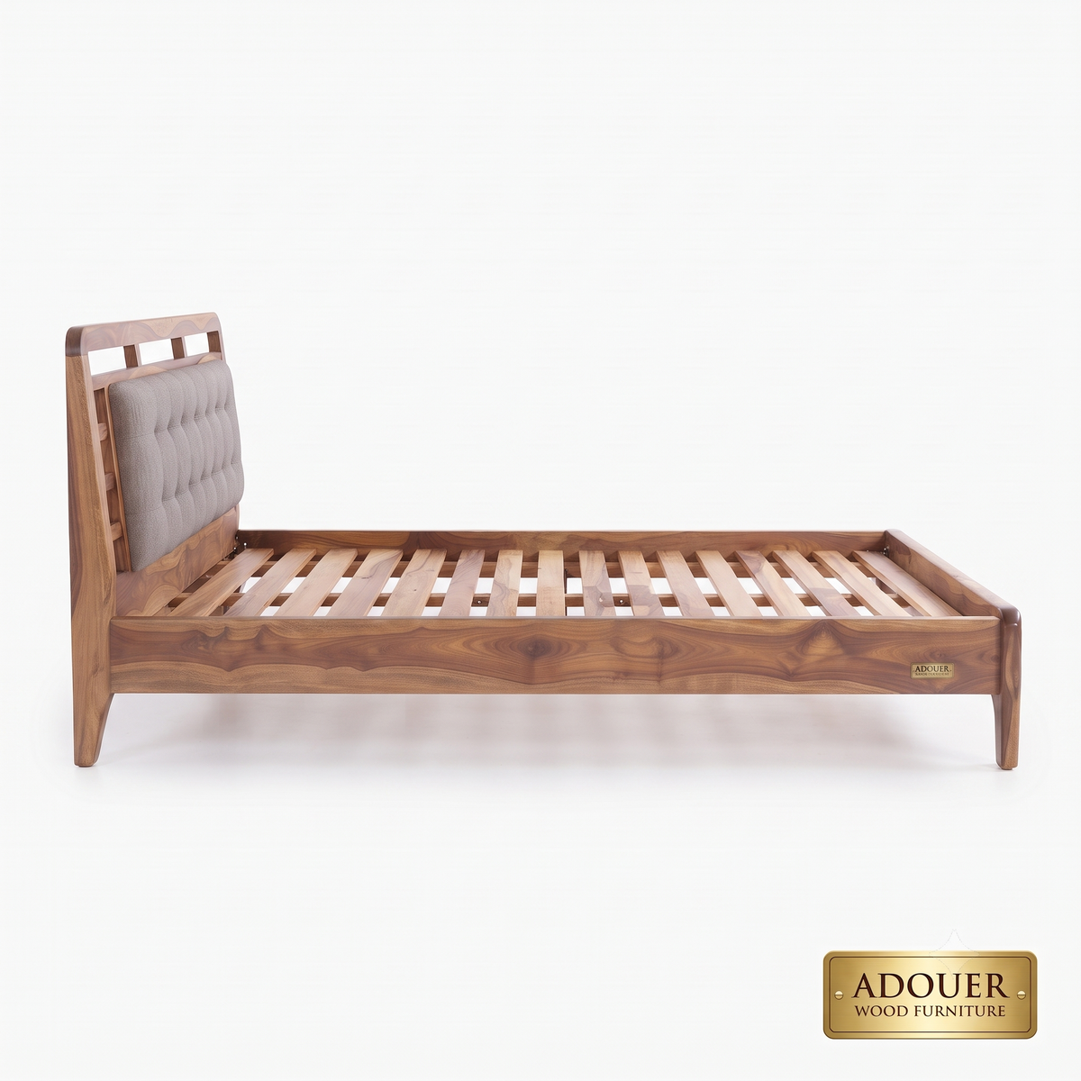 ADOUER WOOD Modern Solid Wood Platform Bed with Upholstered Tufted Headboard and Wooden Slat Support