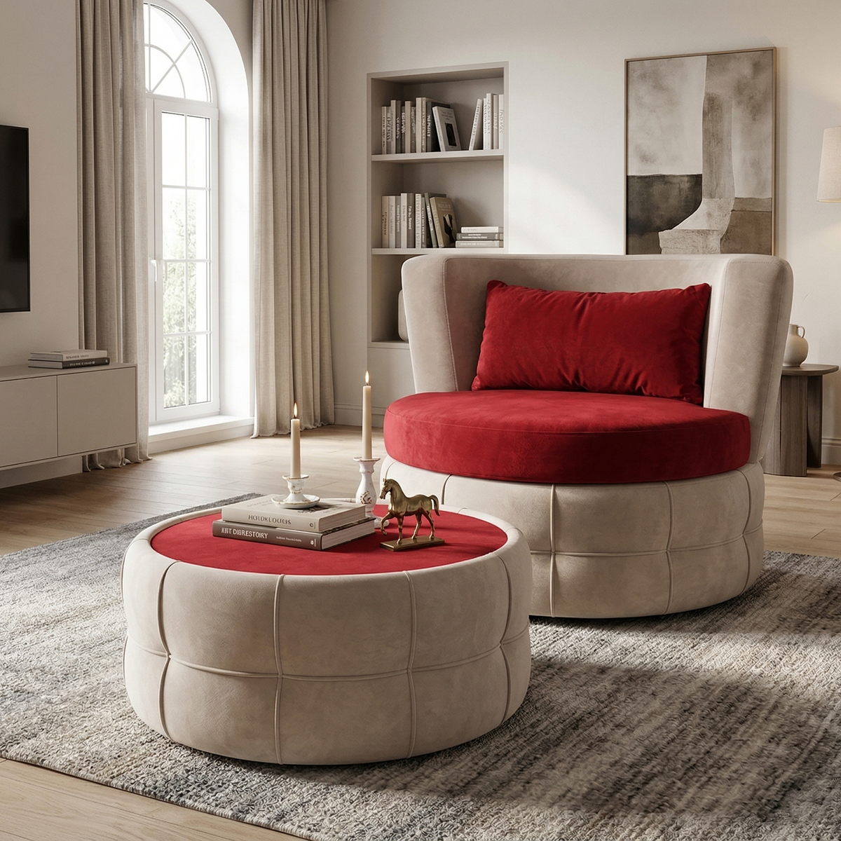 Beige armchair with red cushion and matching ottoman in a living room setting.