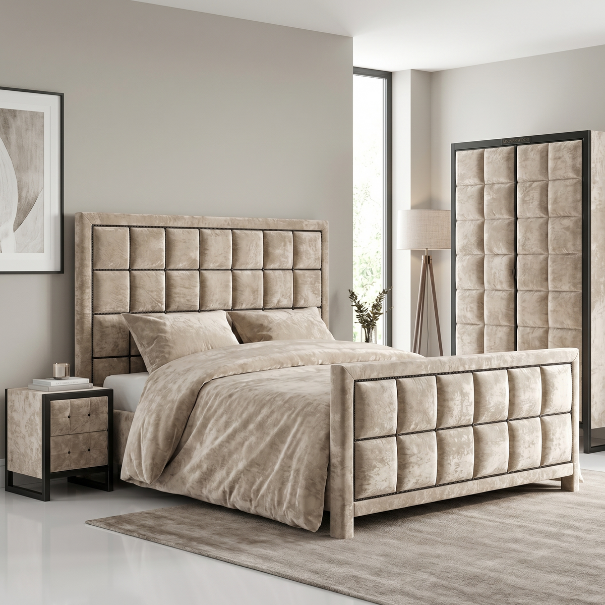 Beige upholstered modern bed in a bedroom setting with matching nightstand and headboard.