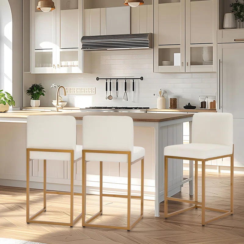 Adouer Wood "Modern White Upholstered Bar Stools with Gold Metal Frame - Set of 2"