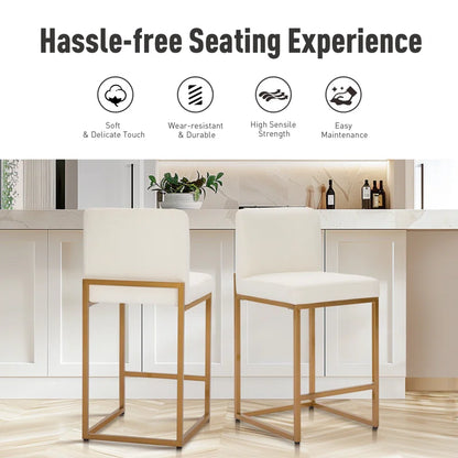 Adouer Wood "Modern White Upholstered Bar Stools with Gold Metal Frame - Set of 2"