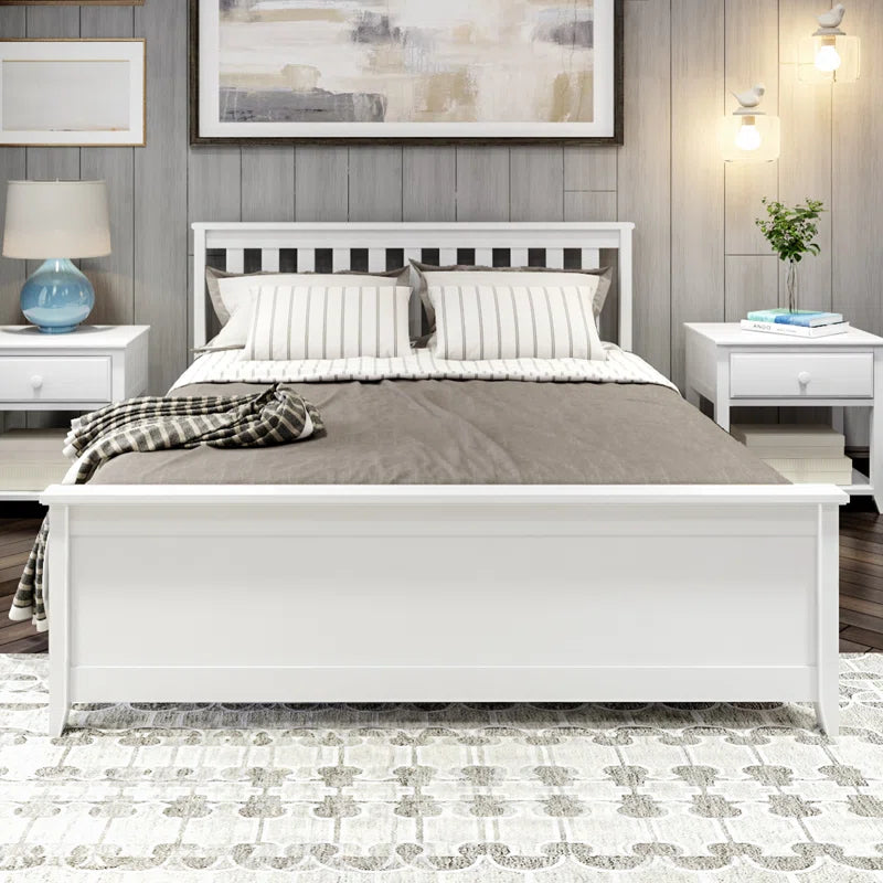 Adouer Wood "Modern White Solid Sheesham Wooden Bed Frame with Slatted Headboard and Footboard"