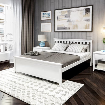 Adouer Wood "Modern White Solid Sheesham Wooden Bed Frame with Slatted Headboard and Footboard"