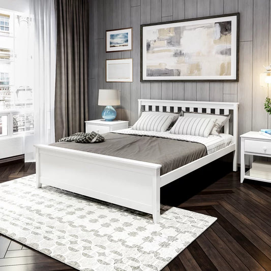 Adouer Wood "Modern White Solid Sheesham Wooden Bed Frame with Slatted Headboard and Footboard"