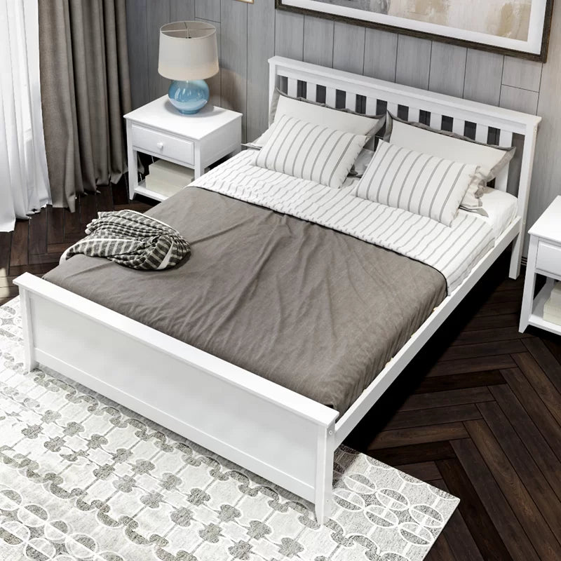Adouer Wood "Modern White Solid Sheesham Wooden Bed Frame with Slatted Headboard and Footboard"