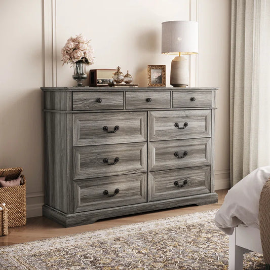 ADOUER WOOD 9 Drawers Solid Sheesham Wood Rustic Grey Chest of Drawers