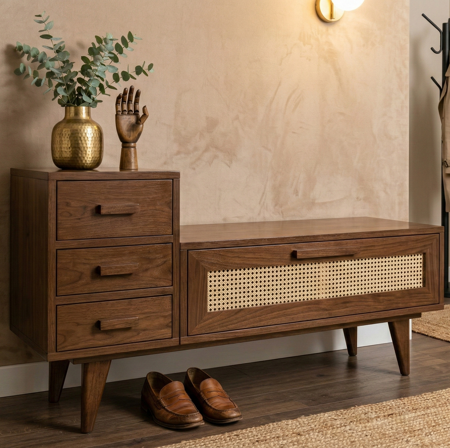ADOUER WOOD Solid Ash Wood Storage Bench with Cane Detail and Integrated Side Drawers