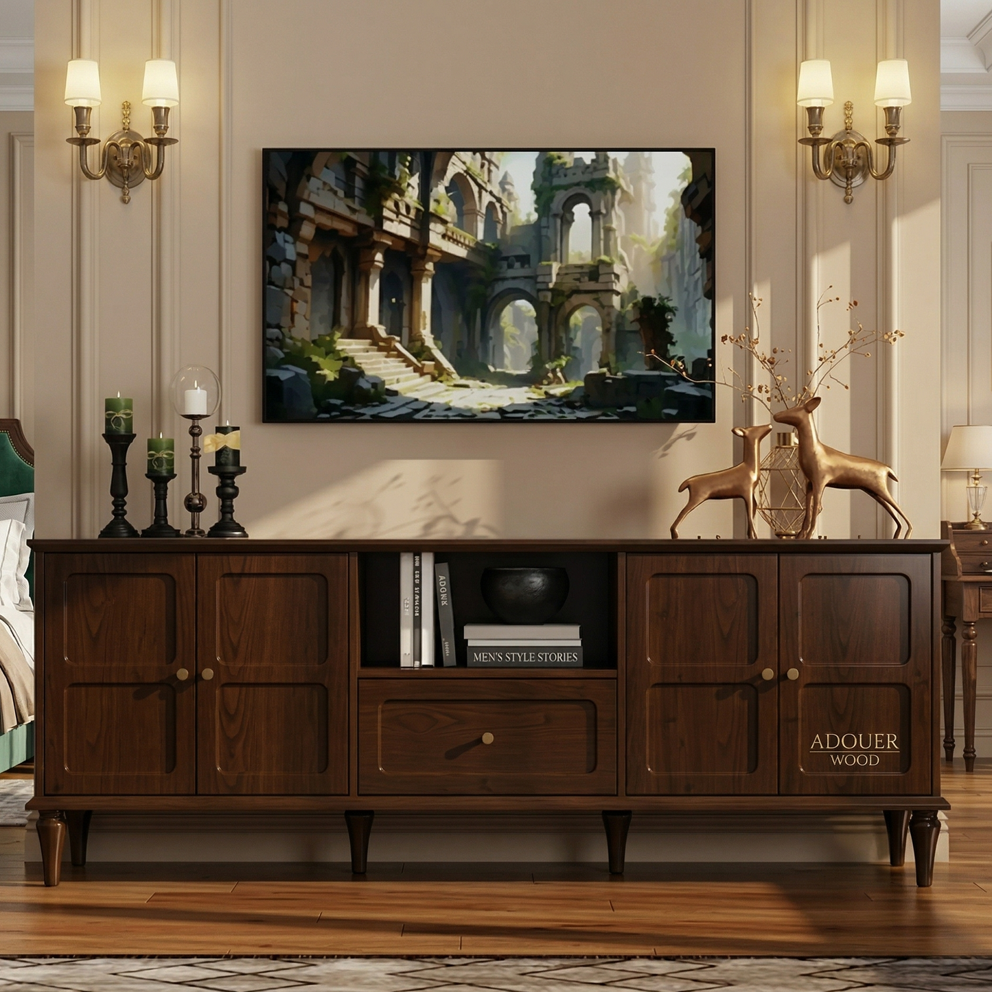 ADOUER WOOD Mid-Century Modern Solid Wood TV Unit with 4 Doors & Center Drawer